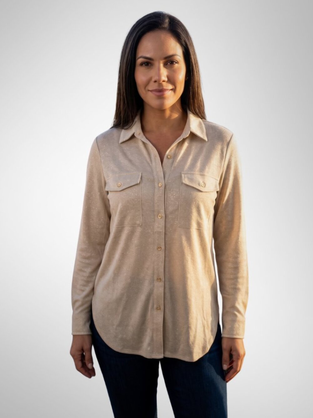 VILAGALLO Button-Up Shirt Gold Shirt Metallic Threads Pockets Size 42 (10-12)